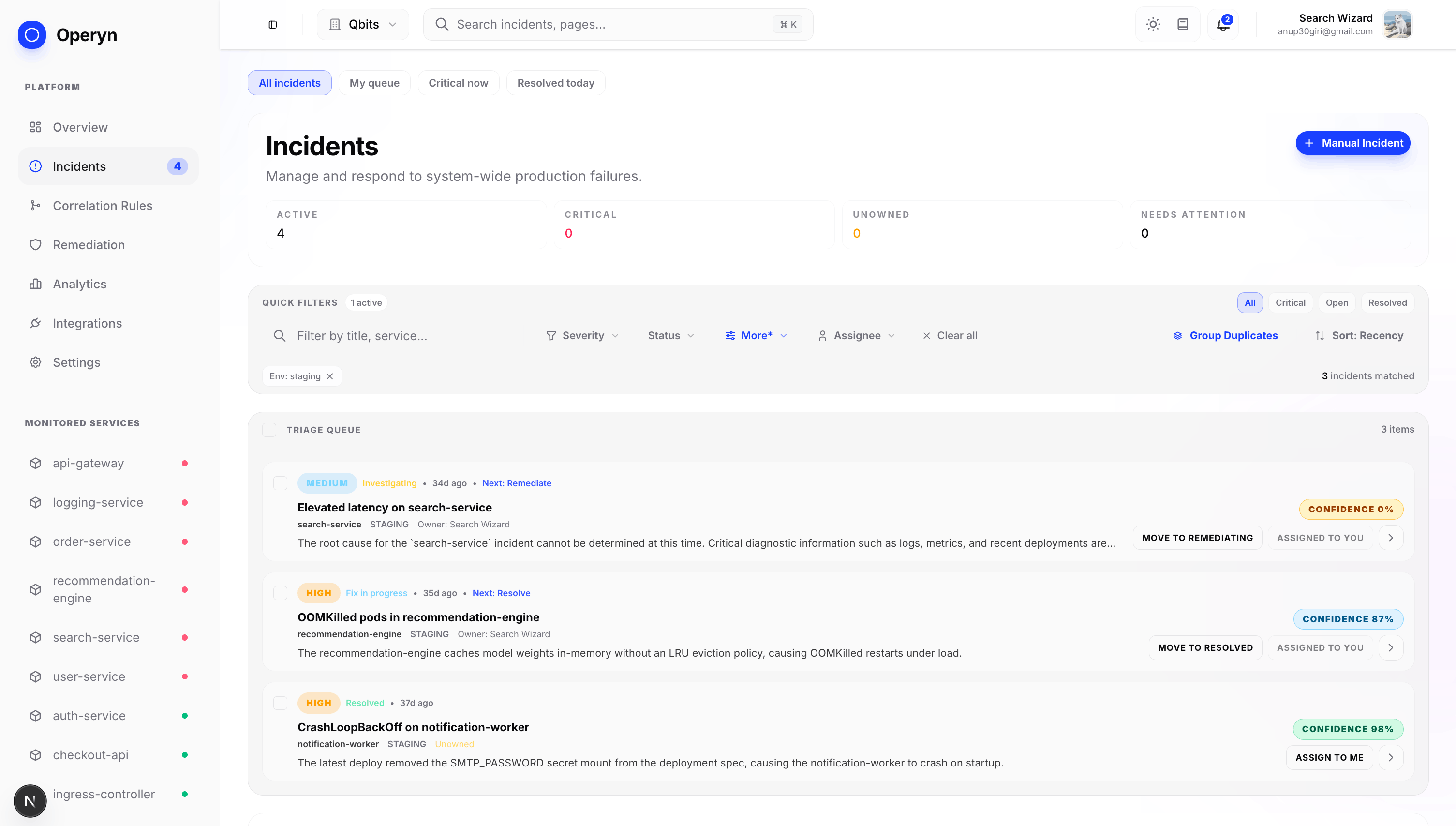 Nirofy Incidents Dashboard Light Mode — AI-powered triage queue