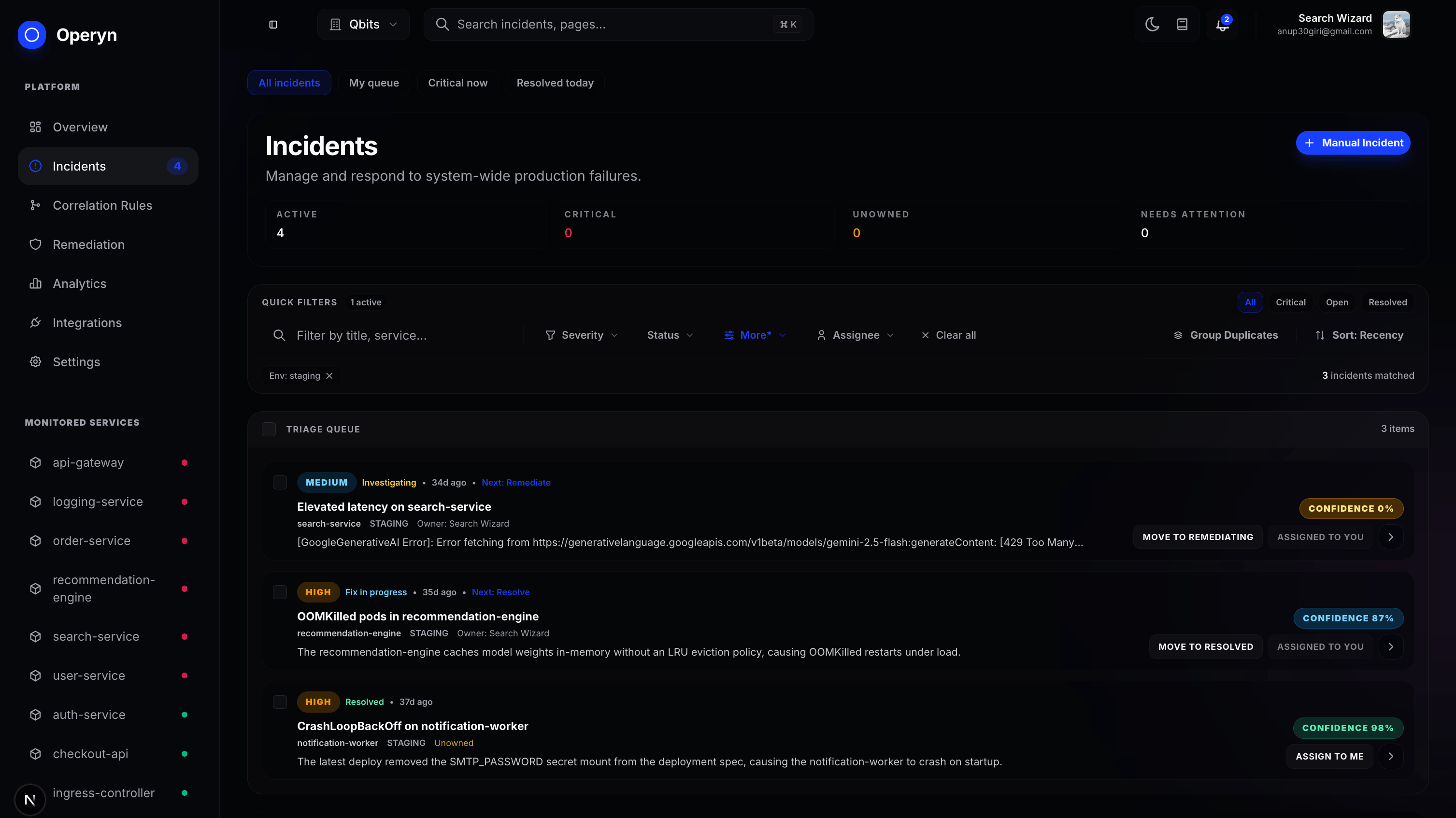 Nirofy Incidents Dashboard Dark Mode — AI-powered triage queue